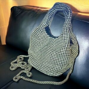 NEW Sparkly Clear Crystal Top Handle Square Bottom Mini Bag w Silver Chain Strap